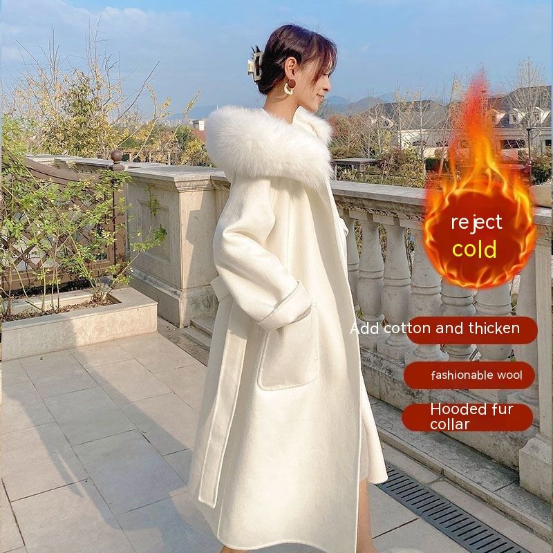 Women&#39;s Loose Casual Hooded Lace-up Fur Collar Thickened Woolen Coat