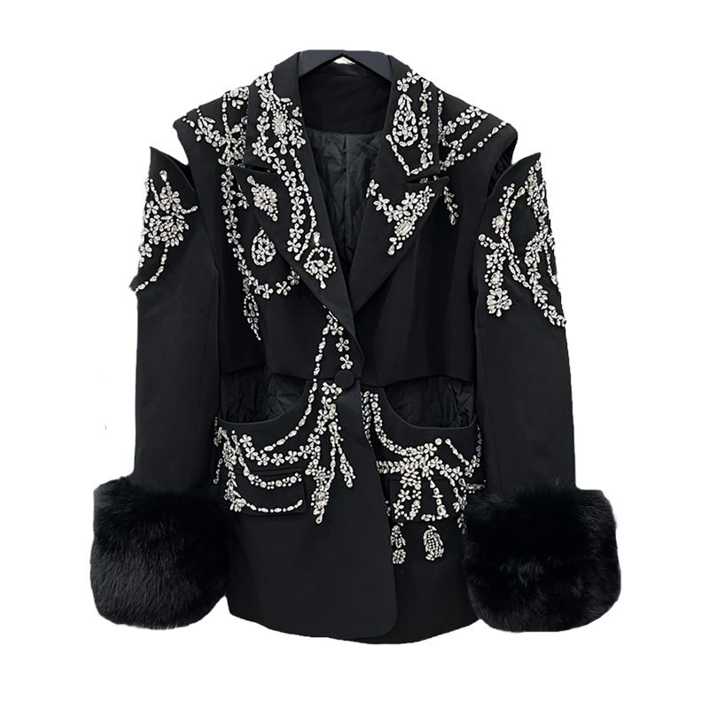 European And American Suit Jacket Women&#39;s Fox Fur Fur Diamond Studded By Hand Plus Cotton Coat
