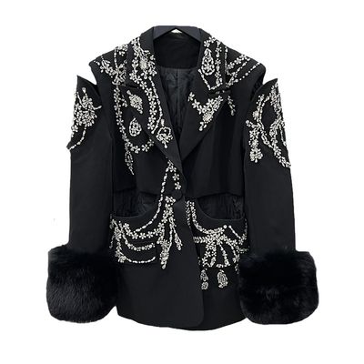 European And American Suit Jacket Women&#39;s Fox Fur Fur Diamond Studded By Hand Plus Cotton Coat