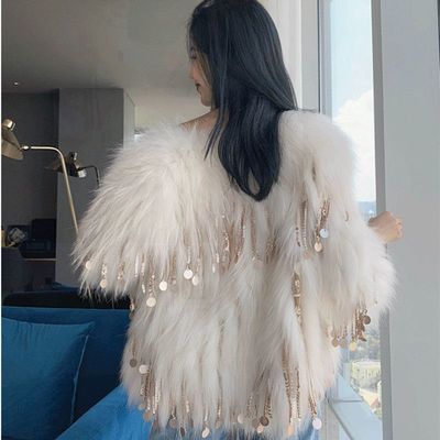 Color: Beige, Size: 2XL - P8A Long Fur Environmental Protection Fox Fur Tassel Fur Coat