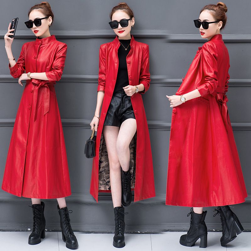Spring And Autumn Long Women&#39;s Slim Fit Slimming Leather Wind Coat Fur Coat Baggy Coat