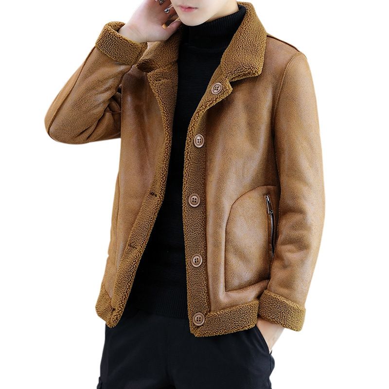 Color: Khaki, Size: XXL - Men&#39;s leather jacket with fur one-piece coat