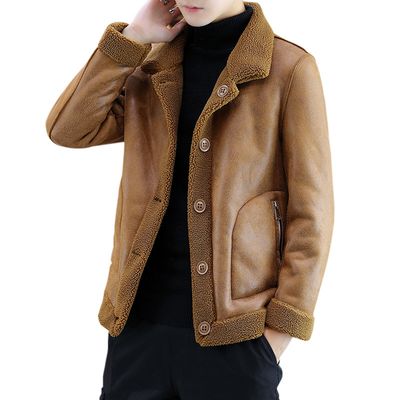 Color: Khaki, Size: XXL - Men's leather jacket with fur one-piece coat
