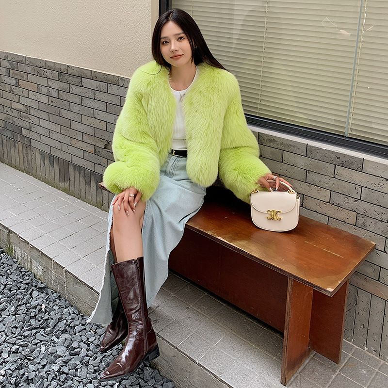 Color: Fluorescent Green, Size: XL - Fox Fur Whole Leather New Young Fur Coat Women&#39;s Short High Waist