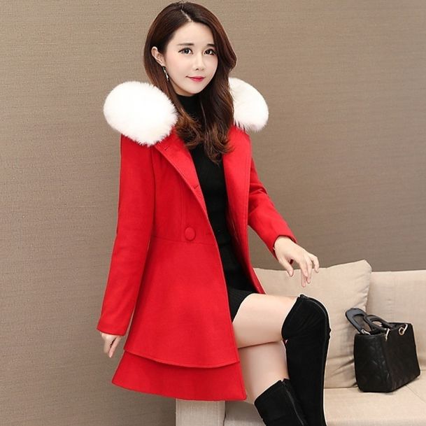 Women&#39;s Contrast Color Fur Collar Woolen Coat Amazon Plaids And Tweedst Slim Fit