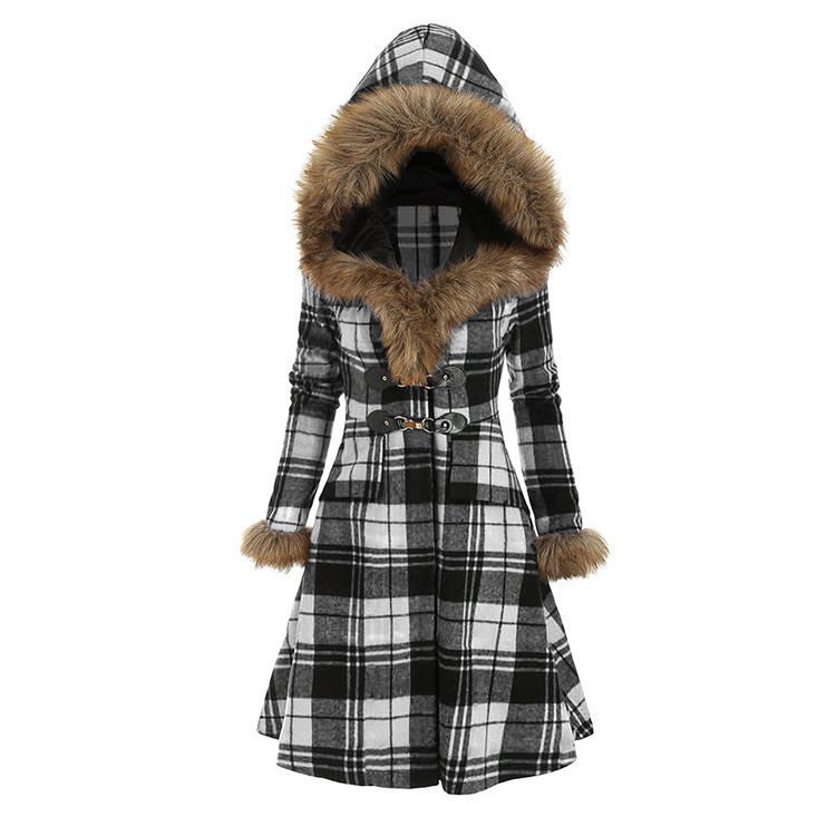 Fashion women&#39;s new style hooded fur alloy buckle slim-fit plaid long-sleeved woolen mid-length coat