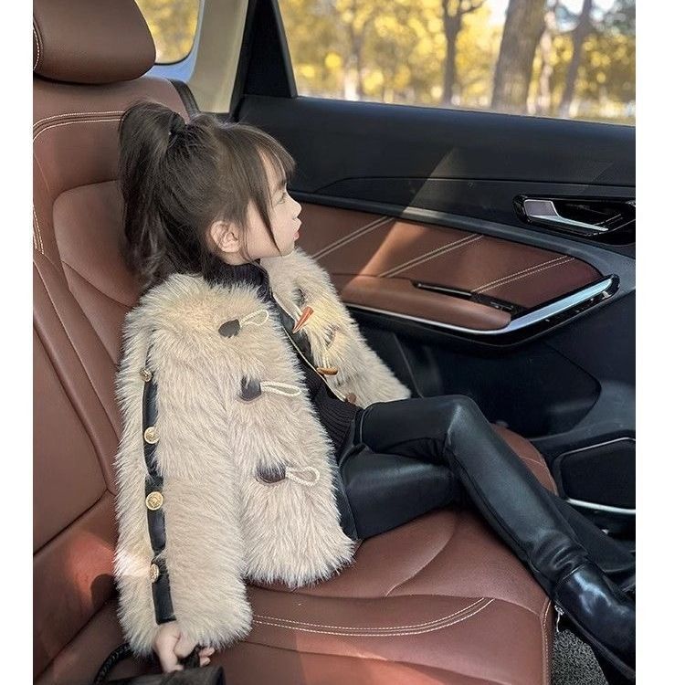 Color: Khaki, Suitable For Height: 100 - Thickened Autumn And Winter Girls&#39; Fur Coat Korean Style