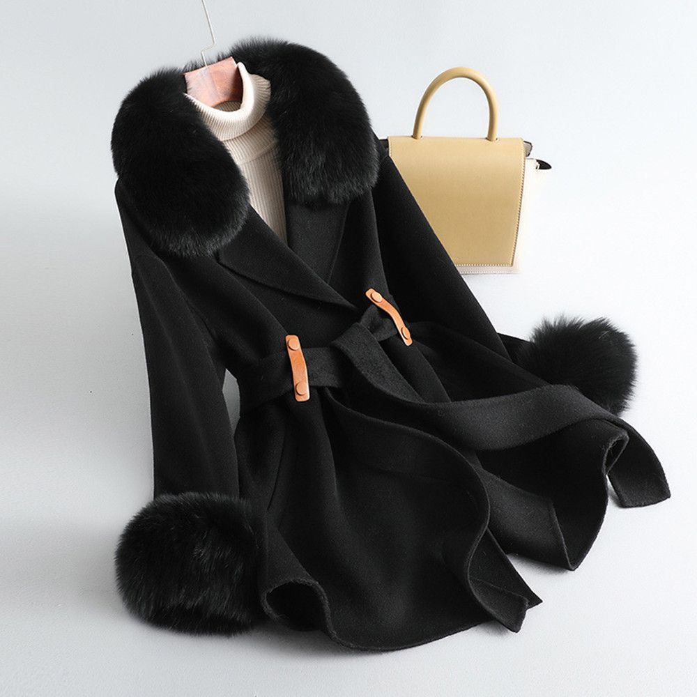 Women&#39;s Fox Fur Collar High Rui Double-sided Cashmere Coat