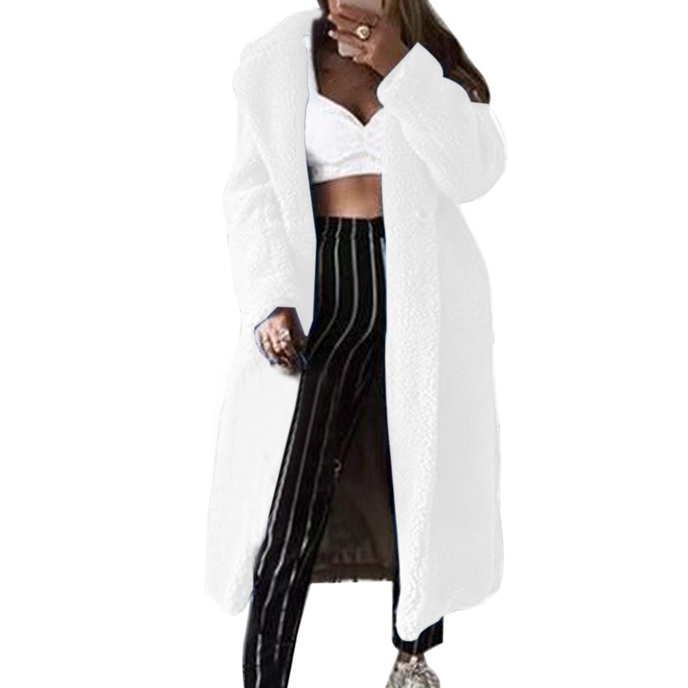 Color: White, Size: XL - Solid color long coat faux fur coat soft plush thick