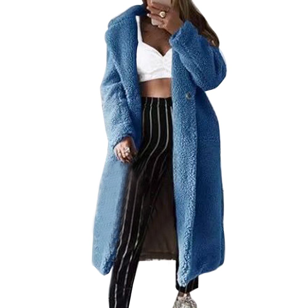 Color: Blue, Size: XL - Solid color long coat faux fur coat soft plush thick