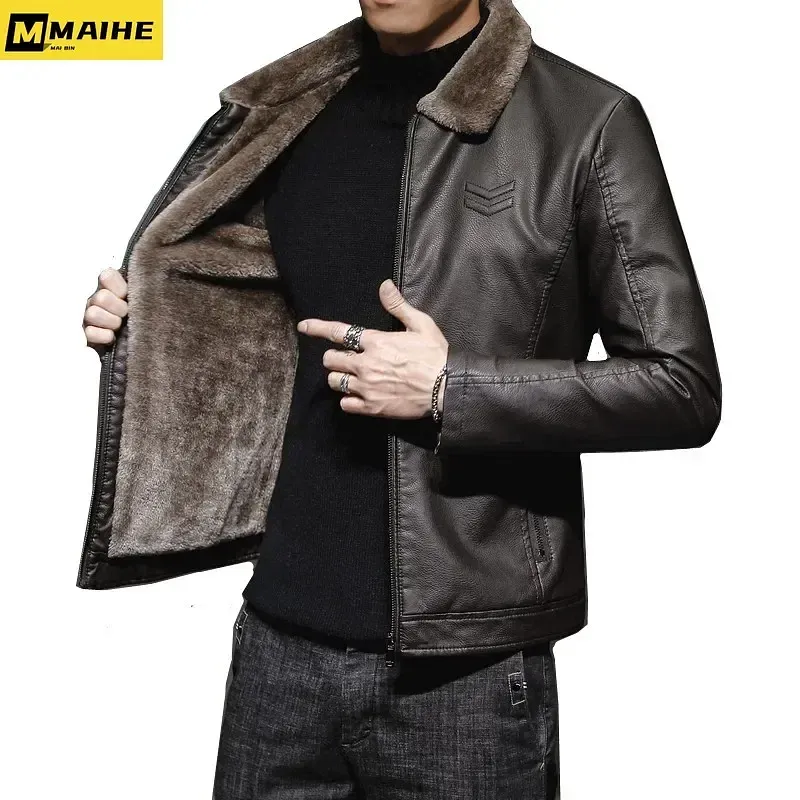 Color: Yellow, Size: L - Brand Leather Jacket Men&#39;s Winter Motorcycle Clothes Leanther Jacket Men&#39;s Thickened Fur Collar Windproof Pu Leather Coat Male
