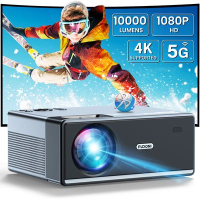 Projector with WiFi and Bluetooth, Projector 4K Support Native 1080P Projector, 5G WiFi FUDONI Outdoor Projector with 350 ANSI Max 300&quot; Display, Movie Projector Compatible w/iOS/Android/Win/PS5, Blac