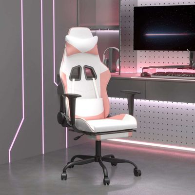 vidaXL Massage Gaming Chair with Footrest White&amp;Pink Faux Leather