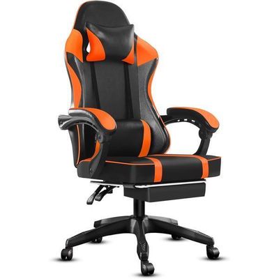 Video Game Chairs for Adults, PU Leather Gaming Chair with Footrest, 360 Swivel Adjustable Lumbar Pillow Gamer Chair, Comfortable Computer Chair for Heavy People, Orange