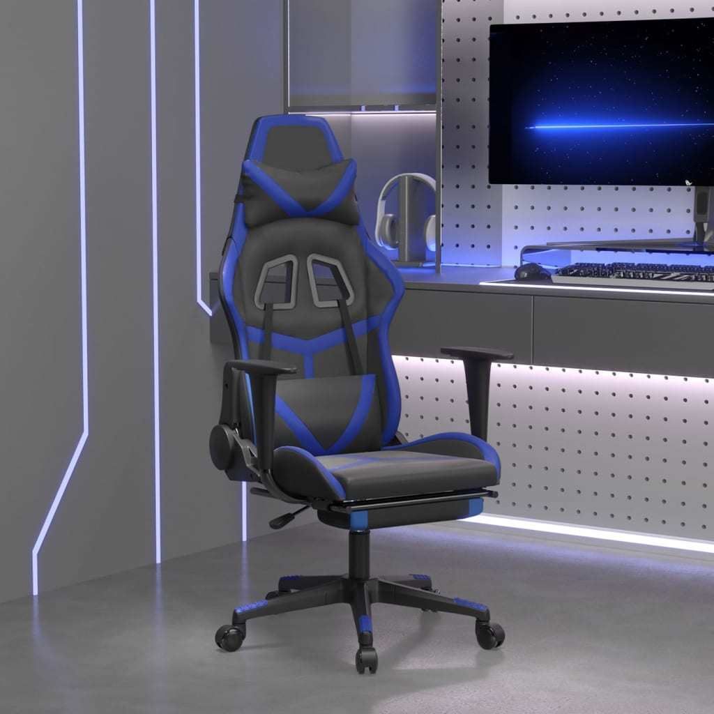 Massage Gaming Chair with Footrest Black&amp;Blue Faux Leather