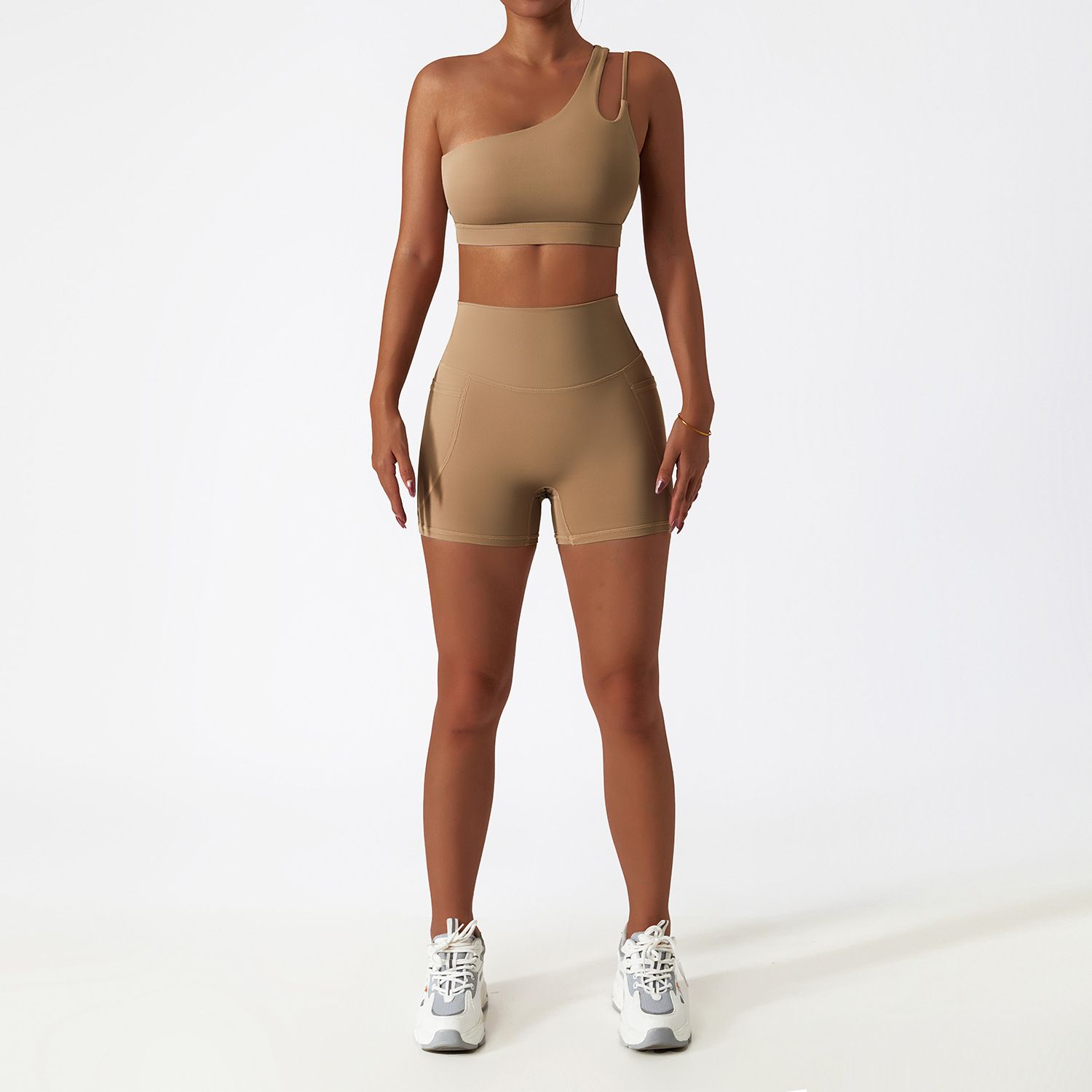 Color: Brown, Size: S-Shorts, style:  - Quick-drying Tight Yoga Clothing Women&#39;s Pocket Running Sports Suit