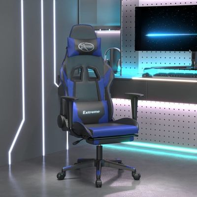 Massage Gaming Chair with Footrest Black&amp;Blue Faux Leather