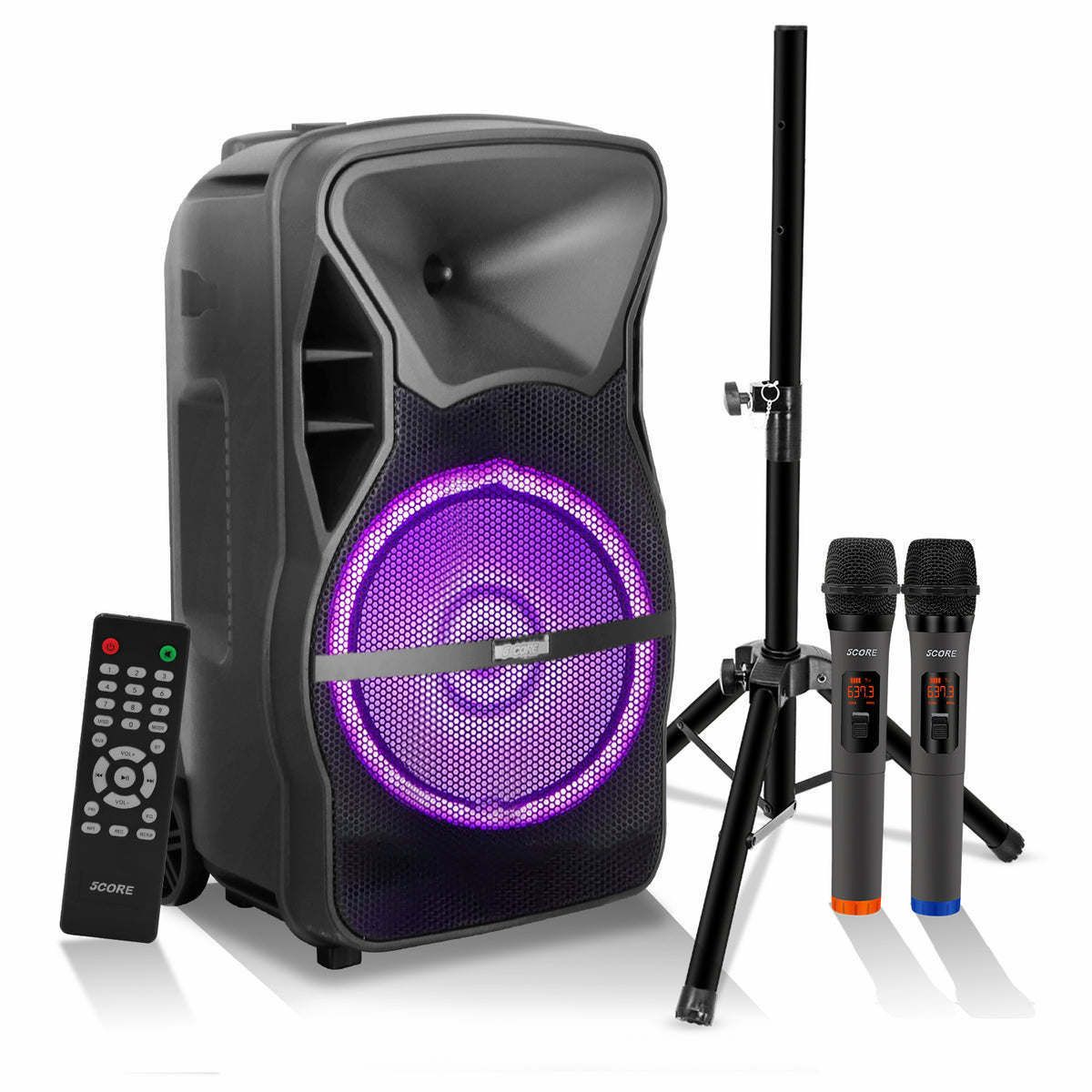 5 CORE 15 Inch TWS Bluetooth Party Speakers 800 Watt Portable Karaoke PA System Rechargeable Loud Speaker + Tripod Stand 2x Wireless Mics LED Light Active Home 15 2-MIC