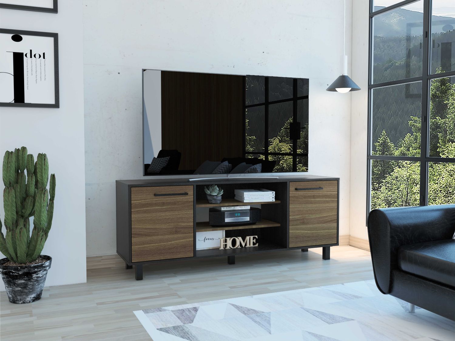 Kaia Tv Stand for TVs up 55&quot;; Four Shelves; Three Shelves -Black / Pine