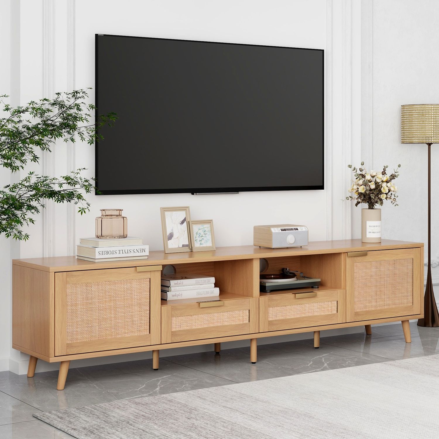Rattan TV Stand for TVs up to 85&#39;&#39;, Modern Farmhouse Media Console, Entertainment Center with Solid Wood Legs, TV Cabinet for Living Room,Home Theatre