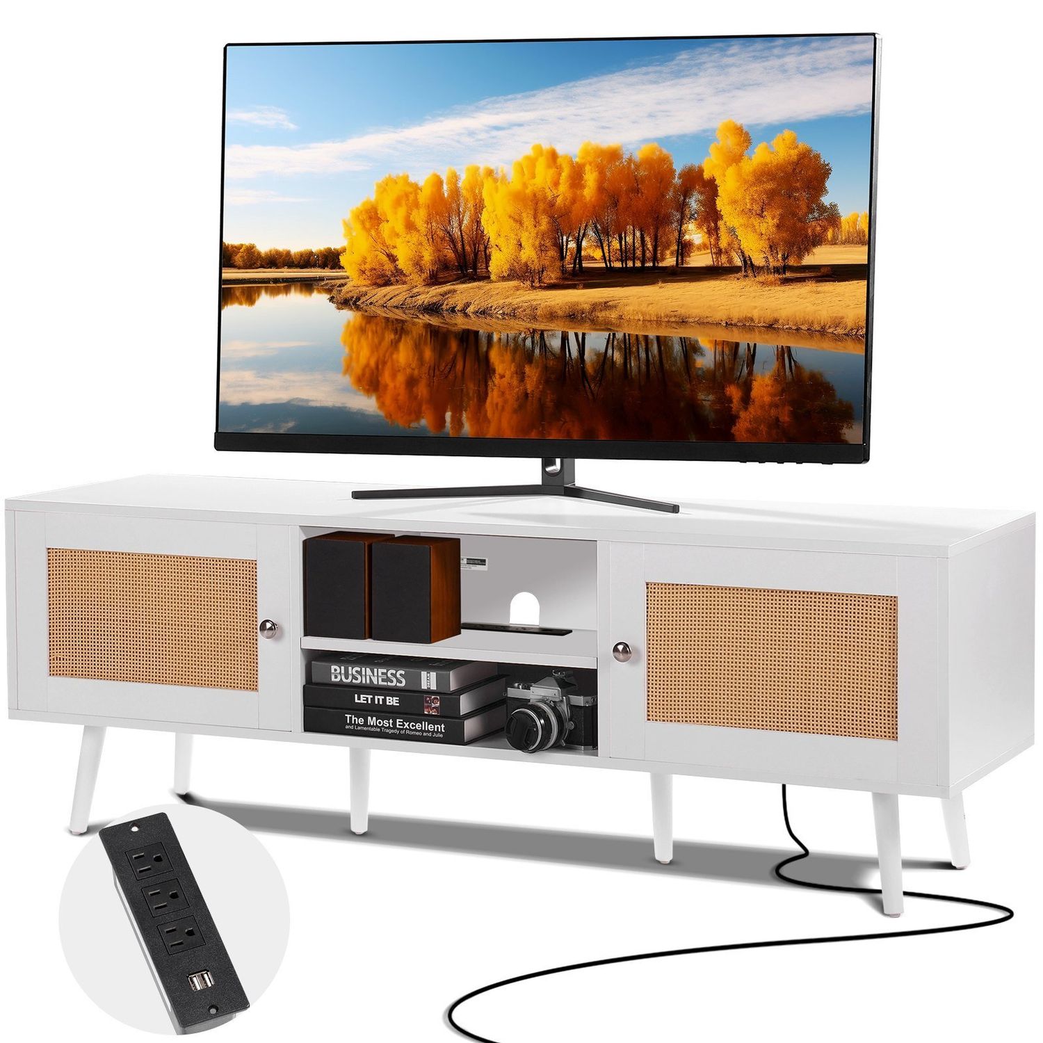VEVOR Rattan TV Stand for 65 inch TV, Boho TV Stand with Rattan Door, Entertainment Center with Build-in Socket and USB Ports, Modern TV Console for Living Room, Media Room, White