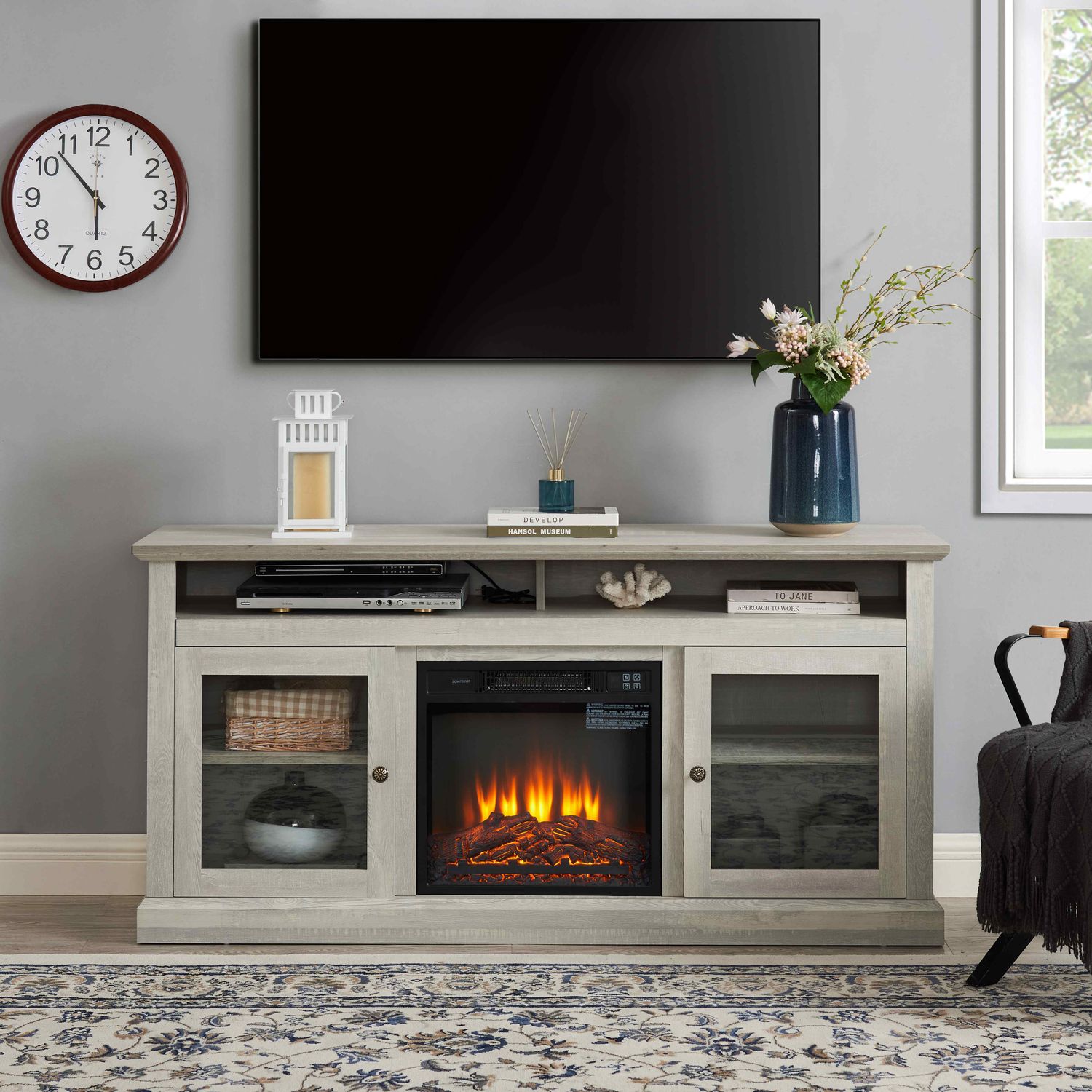 Contemporary TV Media Stand Modern Entertainment Console with 18&quot; Fireplace Insert for TV Up to 65&quot; with Open and Closed Storage Space, Stone Gray, 60&quot;W*15.75&quot;D*29&quot;H