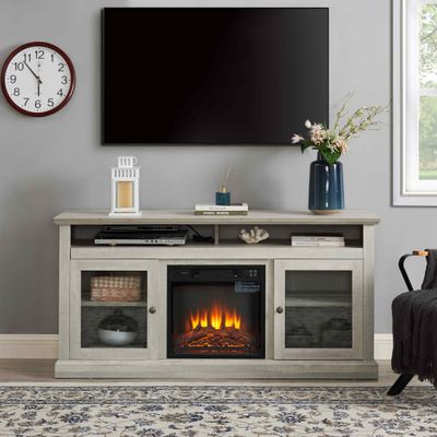 Contemporary TV Media Stand Modern Entertainment Console with 18&quot; Fireplace Insert for TV Up to 65&quot; with Open and Closed Storage Space, Stone Gray, 60&quot;W*15.75&quot;D*29&quot;H