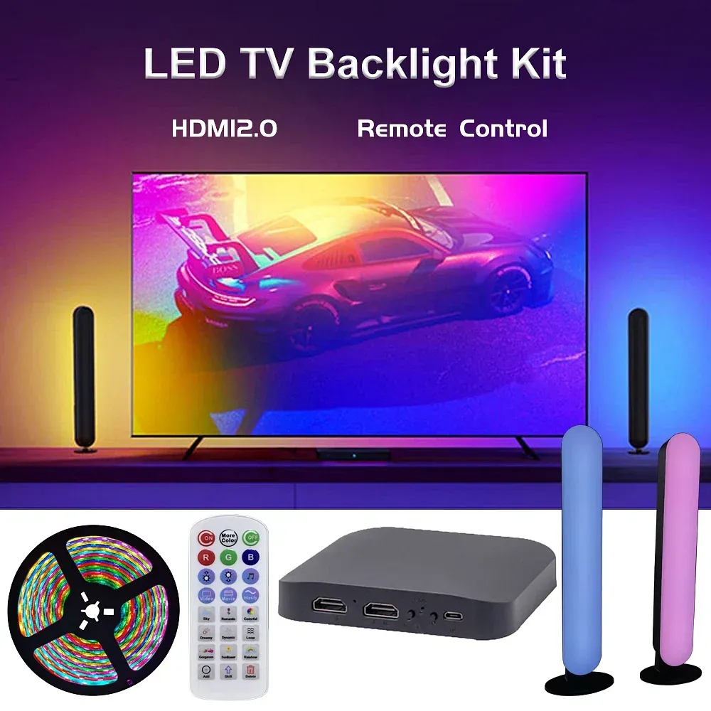 Emitting Color: Blue, Color: WHITE, Wattage: 11-15W, Length: 1m, Ships From: CHINA - Ambilight TV Led Backlight 4K HDMI 2.0 Device Fancy LEDS Sync Box With Remote Control And Light Bar Strip WS2811 R