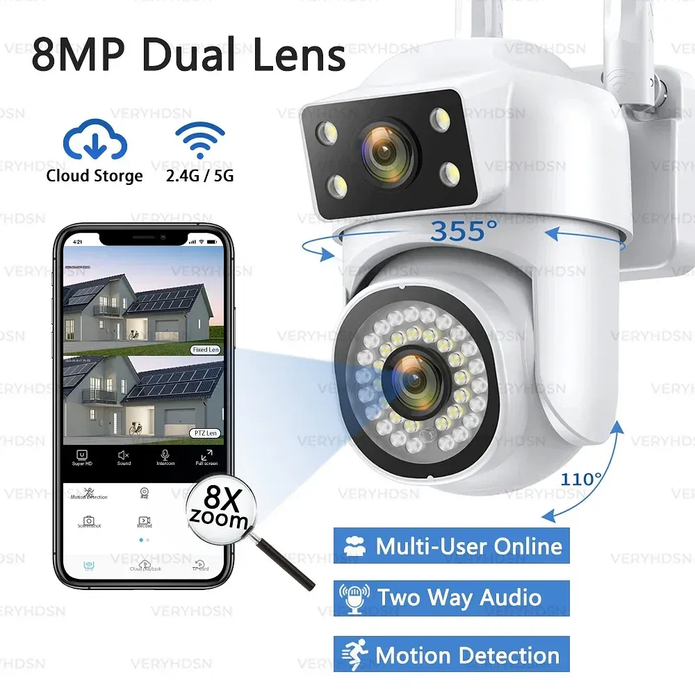 Sensor Size: 1/3&quot;, Plug Type: EU Plug - 4K 8MP Wifi PTZ Camera Dual Lens IP CCTV Video Surveillance Camera Ai Human Detect Auto Tracking Night Vision Outdoor Waterproof