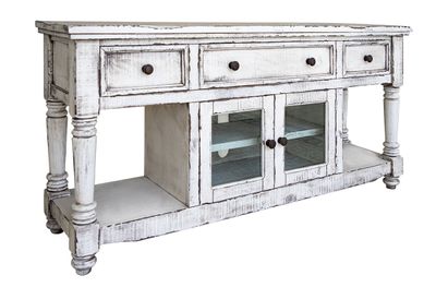 70&quot; White Solid Wood Open shelving Distressed TV Stand