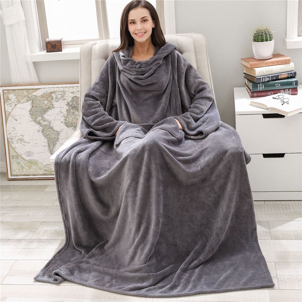 Color: Grey, Size Specification: 210X121cm - Thickened long sleeve TV blanket cloak sofa blanket
