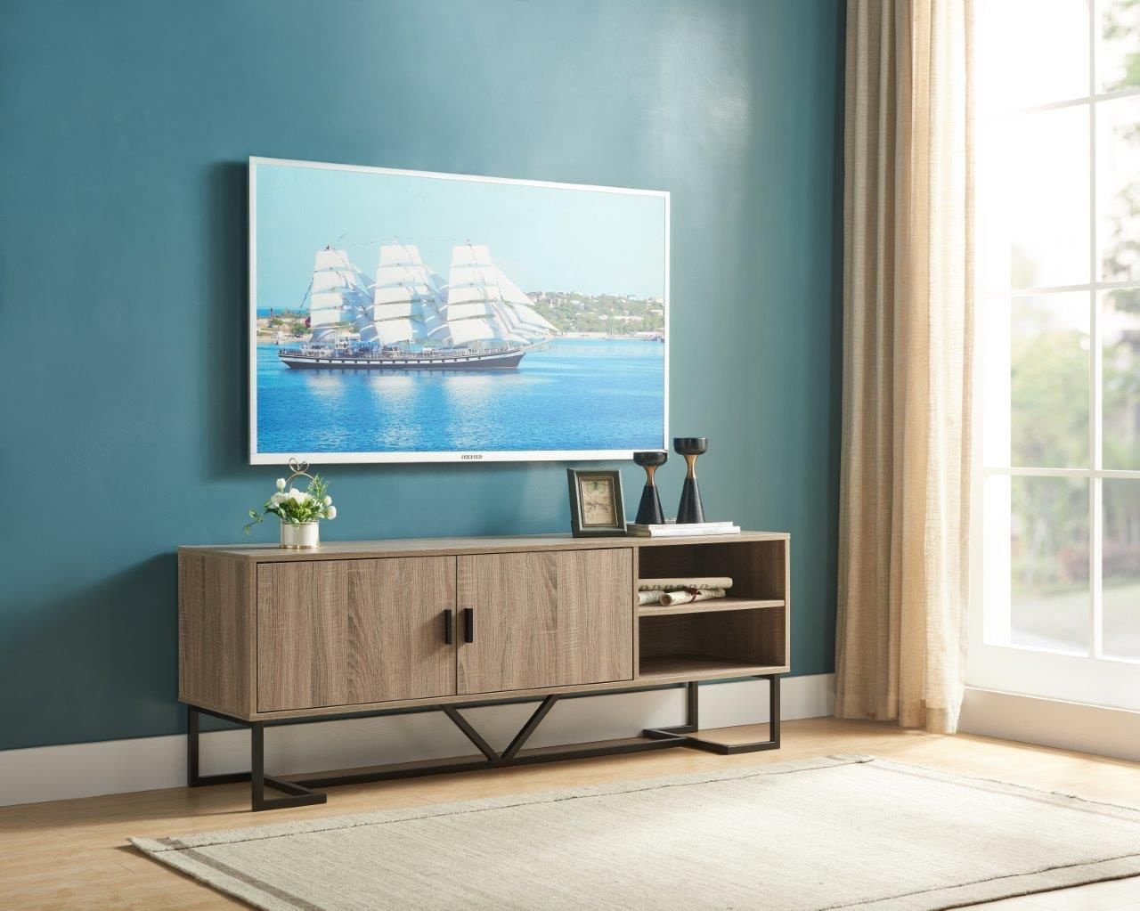 TV Stand Two Door Cabinet with Two Open Shelves with Metal Legs - Brown &amp; Black