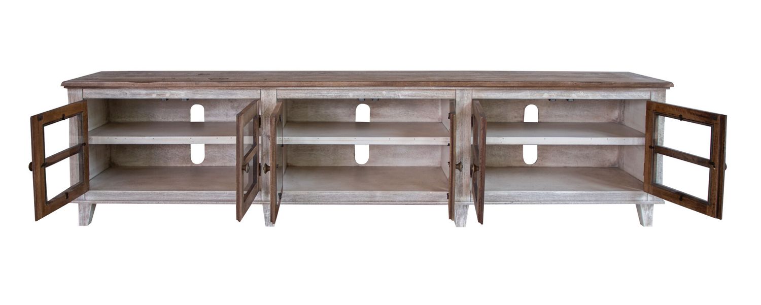 93&quot; Gray and Ivory Solid Wood Cabinet Enclosed Storage Distressed TV Stand