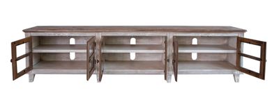 93&quot; Gray and Ivory Solid Wood Cabinet Enclosed Storage Distressed TV Stand
