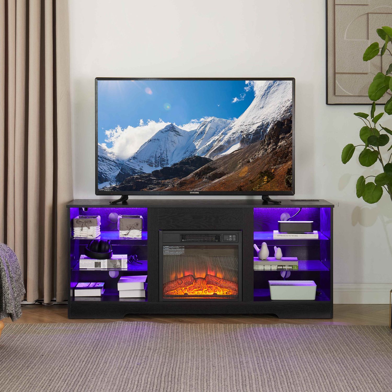 TV Stand Electric Fireplace TV Stand with Glass Shelves, 3D Fireplace TV Stand with LED Lights Wood with USB Charging Outlet Modern Television Table Center for TV up to 32-62&quot; Black 58&#39;&#39;W*15.5&#39;&#39;D*24.