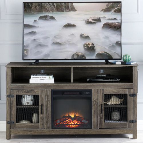 Modern Farmhouse TV Stand with Electric Fireplace, Fit up to 65&quot; Flat Screen TV with Storage Cabinet and Adjustable Shelves Industrial Entertainment Center for Living Room, Grey