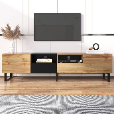 Modern TV Stand with 2 Cabinets&amp; Open Storage Compartment, Color-matching Media Console Table for TVs up to 85&#39;&#39;, Entertainment Center with Drop Down Door for Living Room, Bedroom, Home Theatre