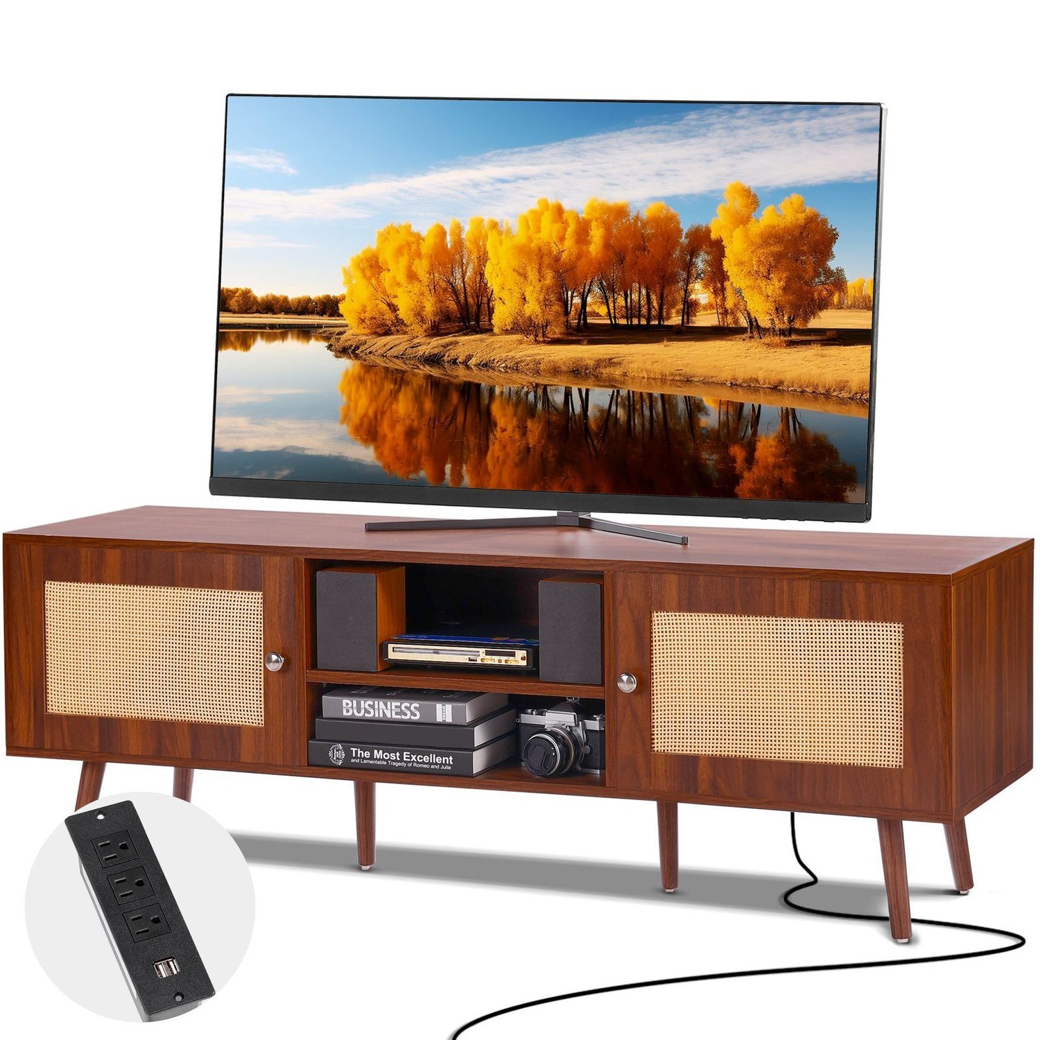 VEVOR Rattan TV Stand, Mid Century Modern TV Stand for 65 inch TV, Boho Rattan TV Cabinet with Build-in Socket and USB Ports, Adjustable Shelfs for Living Room, Media Room, Walnut