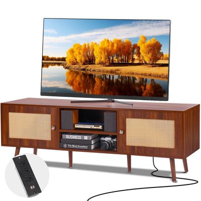 VEVOR Rattan TV Stand, Mid Century Modern TV Stand for 65 inch TV, Boho Rattan TV Cabinet with Build-in Socket and USB Ports, Adjustable Shelfs for Living Room, Media Room, Walnut