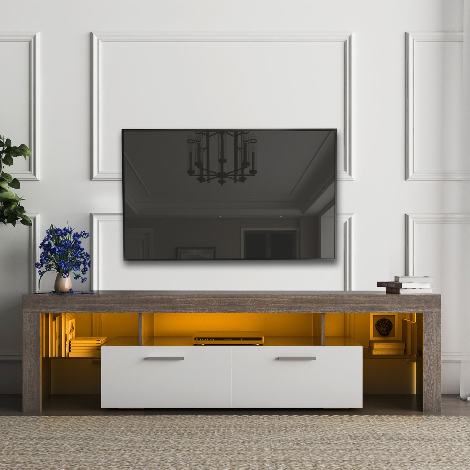 20 minutes quick assembly brown simple modern TV cabinet Floor cabinet Floor TV wall cabinet Brown + modern TV bracket with LED light
