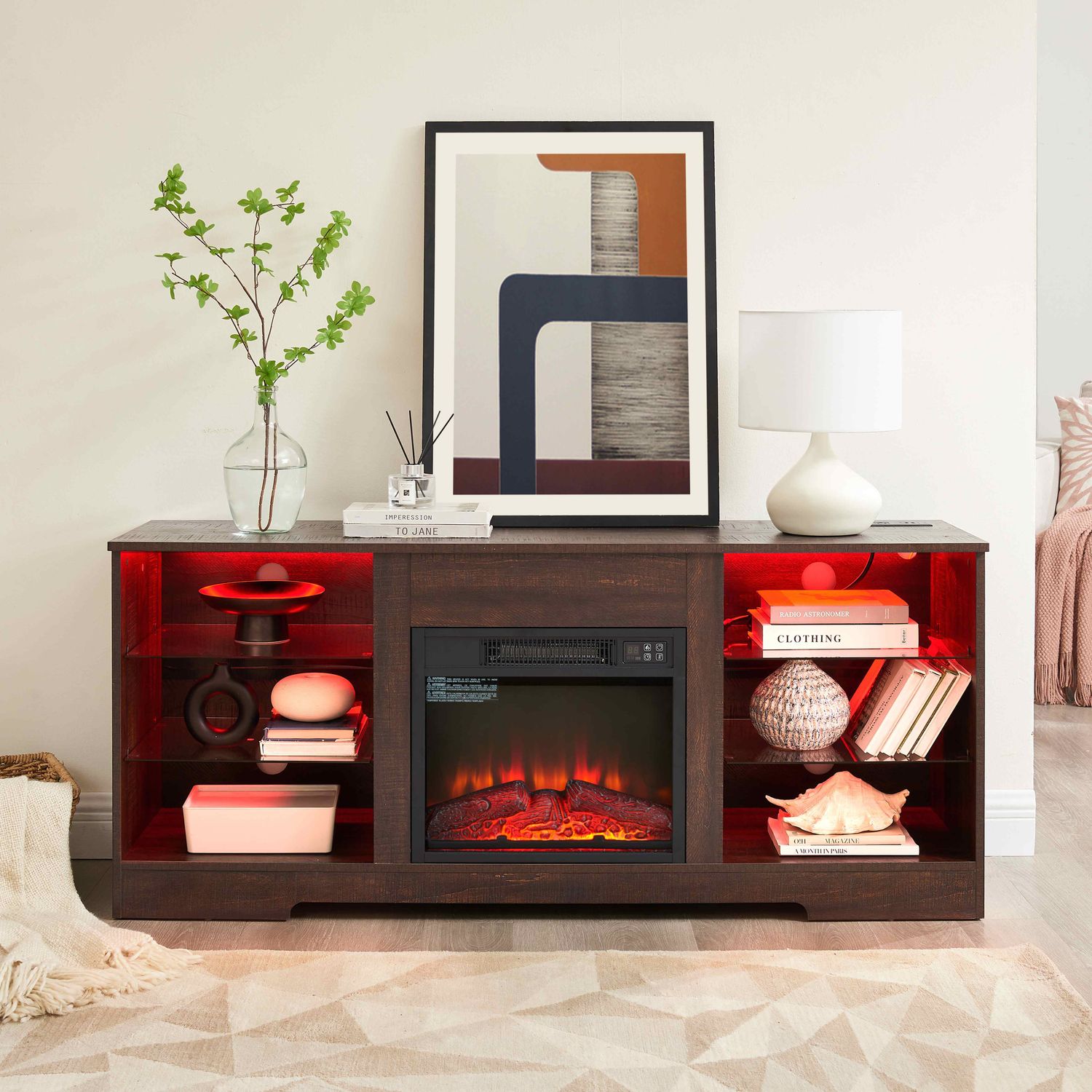 TV Stand Electric Fireplace Glass Shelves, 3D Fireplace TV Stand with LED Lights Wood with USB Charging Outlet Modern Television Table Center for TV up to 62&quot; ESP, 58&#39;&#39;W*15.5&#39;&#39;D*24.4
