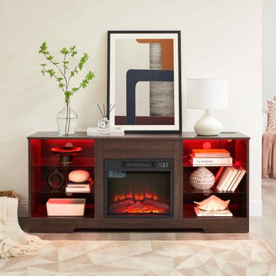 TV Stand Electric Fireplace Glass Shelves, 3D Fireplace TV Stand with LED Lights Wood with USB Charging Outlet Modern Television Table Center for TV up to 62&quot; ESP, 58&#39;&#39;W*15.5&#39;&#39;D*24.4