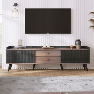 63&#39;&#39; Mid Century TV Stand with 2 Cabinets&amp; Open Compartments, Entertainment Center for TVs up to 70&#39;&#39;, Television Console for Living Room, Bedroom, Home Theatre