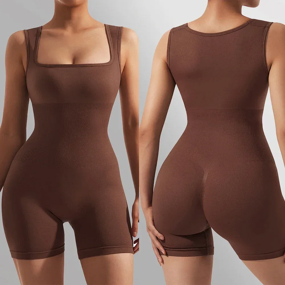 Color: Sky blue, Size: XL - Women Bodysuits Hip Lift One-piece Shorts Sports Yoga Clothing Body-shaping Square Collar Sleeveless Skinny Romper Sporty Wear