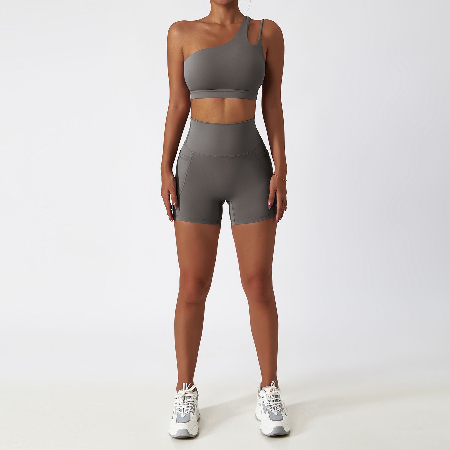 Color: Grey, Size: M-Shorts, style:  - Quick-drying Tight Yoga Clothing Women&#39;s Pocket Running Sports Suit