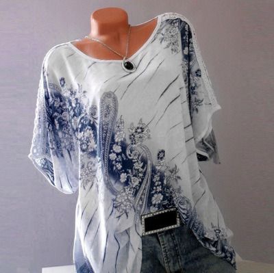 Hot Sale Fashion Casual Digital Printing Lace Large Size Short Sleeve Women&#39;s Clothing