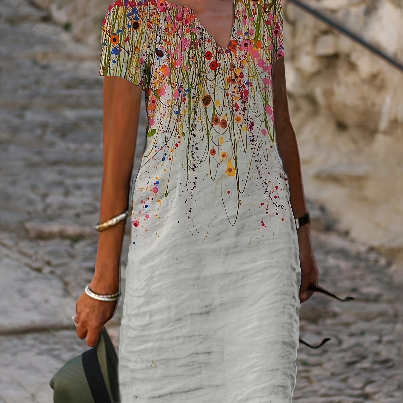 Dots Print V Neck Short Sleeve Dress; Vintage Loose Stylish Maxi Dress; Women&#39;s Clothing