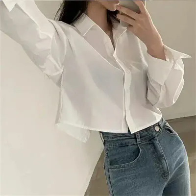Color: WHITE, Size: M - Spring New Casual Long Sleeve Women White Shirt Korea Style Solid Button Split Woman Crop Tops Blouse Party Clothing