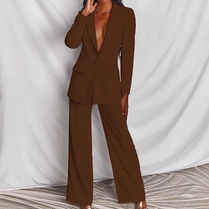 Color: Brown, size: XXL - Fashion Business Women&#39;s Clothing Long Sleeve Trousers Suit