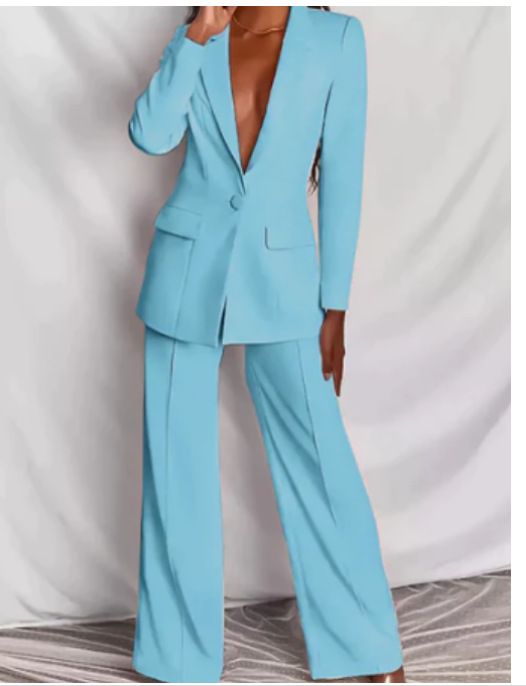 Color: Light Blue, size: S - Fashion Business Women&#39;s Clothing Long Sleeve Trousers Suit